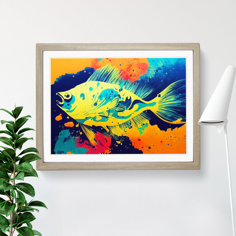 Fish Paint Splash Vol.4 Abstract 1 Piece Single Picture Frame Wall Art, 25cm H x 34cm W x 2cm D, Oak Framed