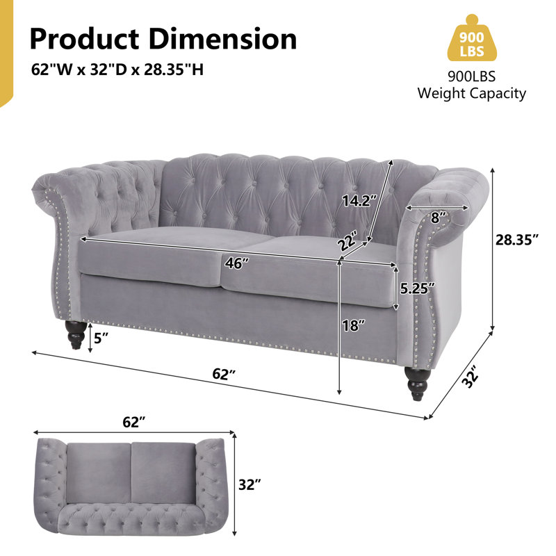 Johnette 62'' Velvet Rolled Arms Chesterfield Sofa, Gray Velvet