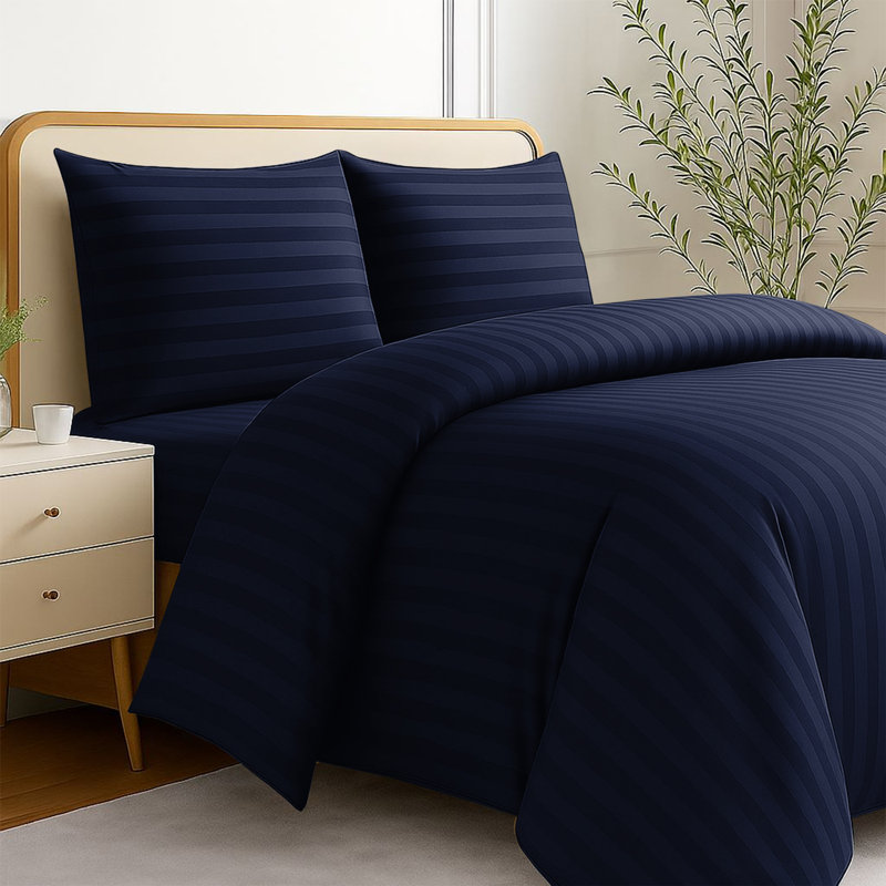 Striped 4-Piece Microfiber Bedding Set, Duvet Cover, Fitted Sheet & Pillowcases , Navy Striped