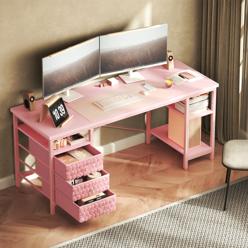 MDF Steel Computer Desk, 75cm H x 140cm W x 60cm D, Pink/Pink