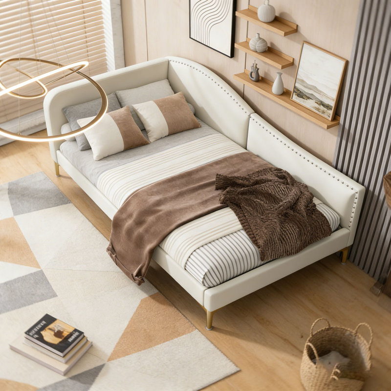 Upholstered Daybed with Headboard and Armrest, Beige, Twin