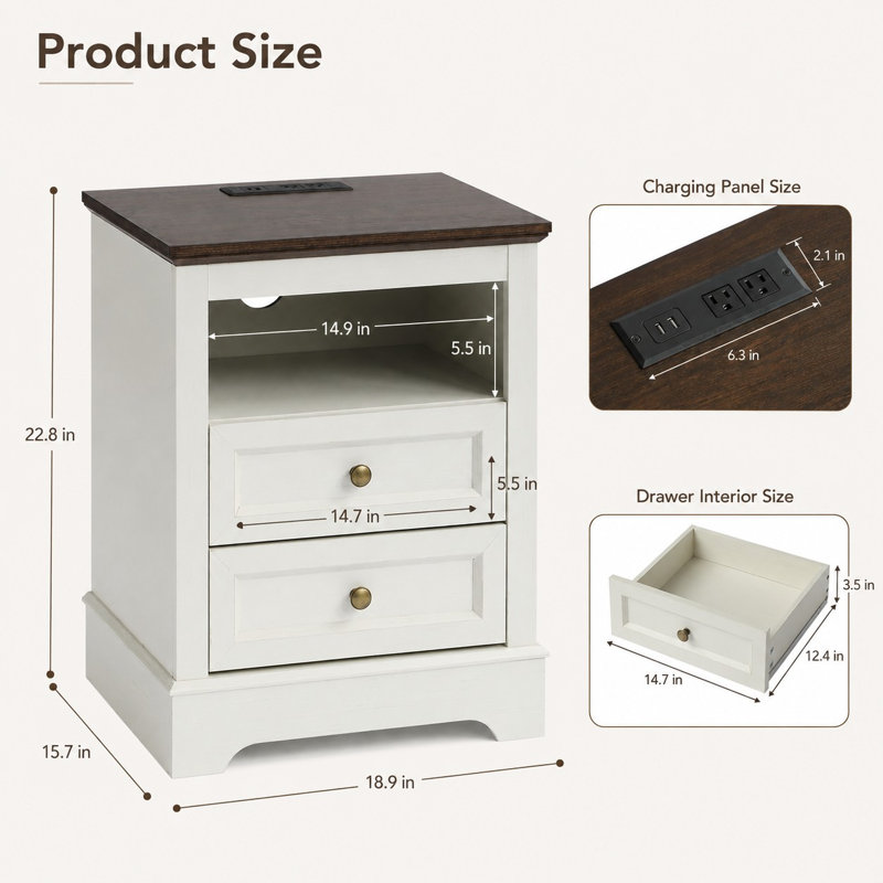 Farmhouse Nightstand with Charging Station, Side Table for Bedroom, Living Room, White, 1