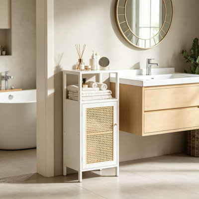 Bathroom Storage Cabinet Rattan, Small Bamboo Floor Cabinet with Single Door and Open Shelf, Freestanding Narrow Cupboard for Living Room, Kitchen, Entryway, Natural