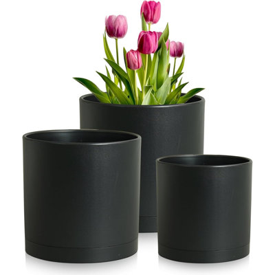 Cylinder Plastic Plant Pots Set Of 3 (8, 7 & 6 Inch) – Black