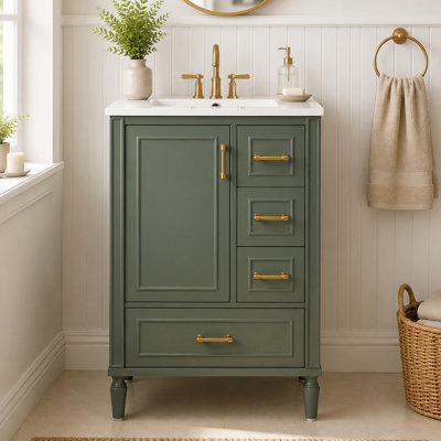 Meuble-lavabo simple-vasque Verdant Transitional en bois massif avec portes à fermeture amortie