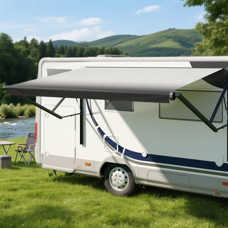 Retractable Rv/Patio Awning, Heavy Duty Weatherproof Canopy With Lights, One-Touch Swich, Black, Black
