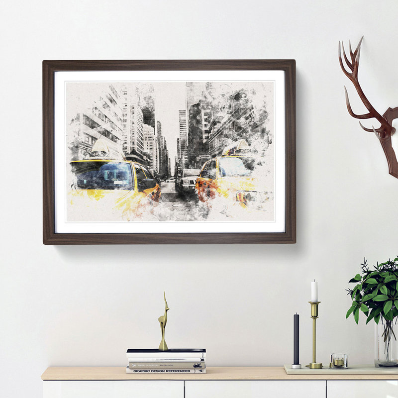 Two Yellow Taxi Cabs In New York Watercolour - Picture Frame Graphic Art, 62cm H x 87cm W x 2cm D, Walnut