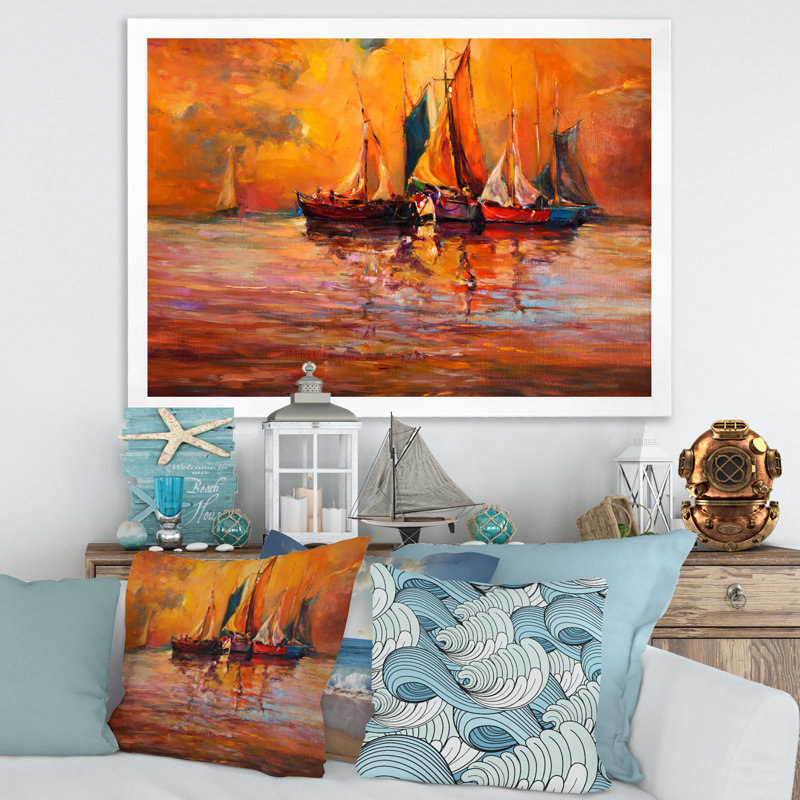 Bateaux sur l'océan pendant le coucher du soleil I - impression nautique, H 12 po x l 20 po x p 1 po, Cadre blanc
