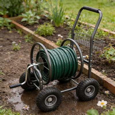 Chariot-enrouleur de boyau d'arrosage robuste, 4 roues, portable, résistant à la rouille, avec panier de rangement, support pour boyau d'arrosage | Idée de cadeau