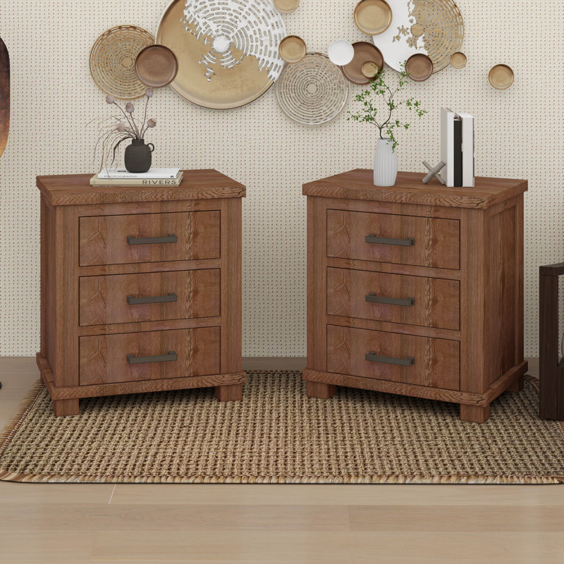 Rustic Three Drawer Reclaimed Solid Wood Farmhouse Nightstand Set Of Two