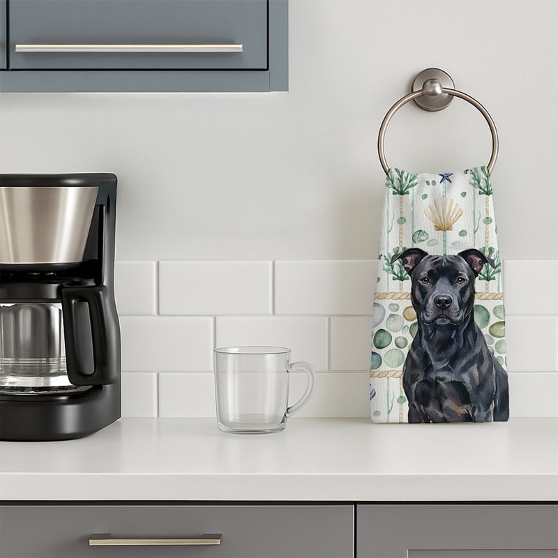 Black American Staffordshire Terrier Coastal Sea Glass Kitchen Towel, Black American Staffordshire Terrier