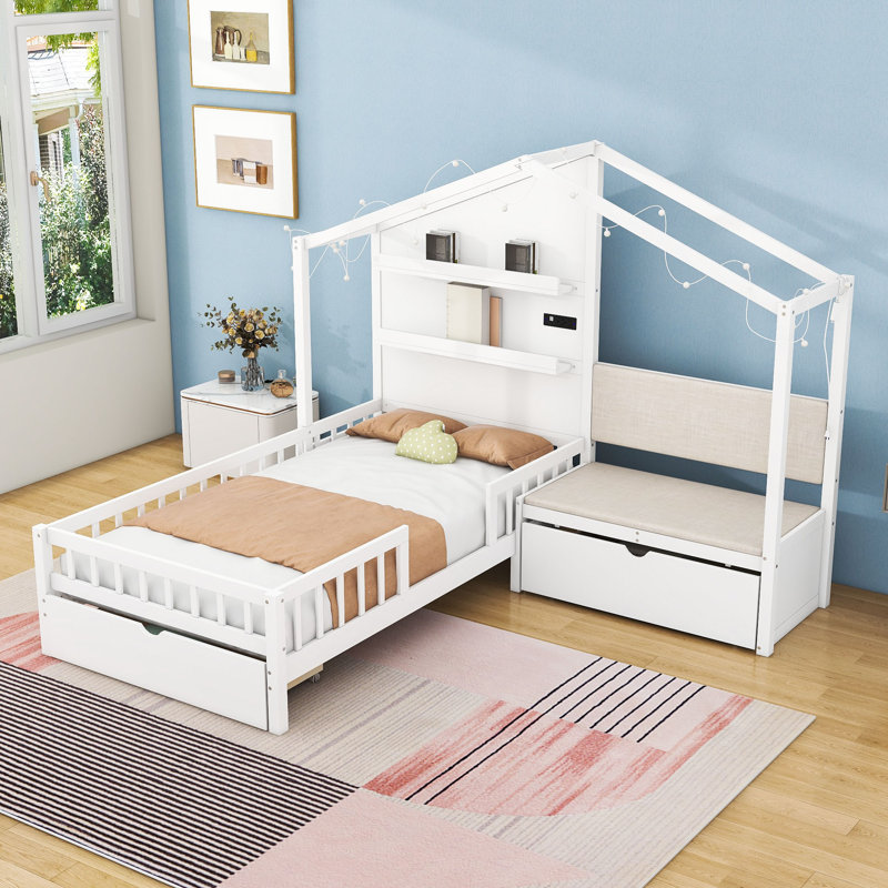 Lit simple avec station de charge et tiroirs, Blanc