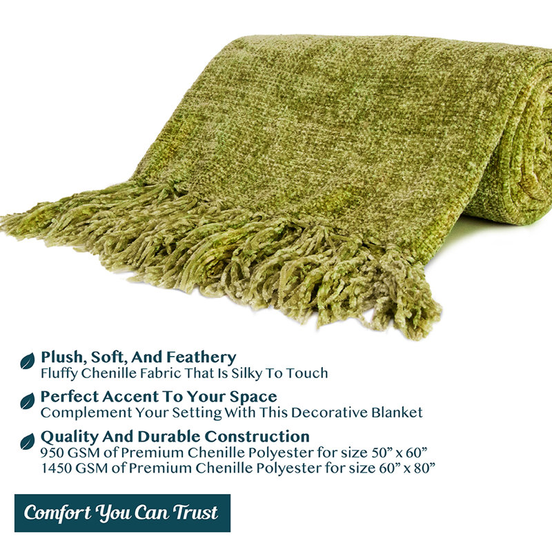 Olive Green Chenille Knit Throw Blanket with Tassel Fringe