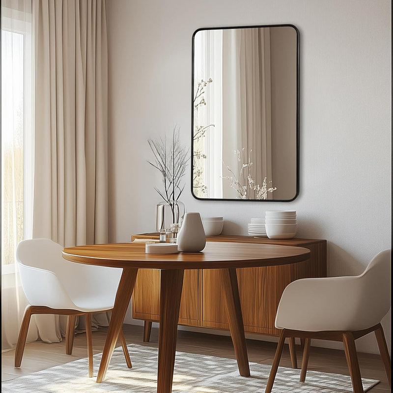 Miroir de salle de bain moderne et arrondi rectangulaire | Structure en U en acier inoxydable, Noir mat, 36 po x 24 po