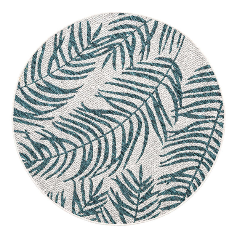 Tapis intérieur / extérieur bleu clair / blanc en polypropylène tissé à la machine Rowdy, Rond 4 pi
