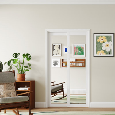 Portes CHIC MODE 48 po x 80 po, porte d'armoire coulissante en MDF massif blanc, entièrement vitrée et miroir, avec quincaillerie