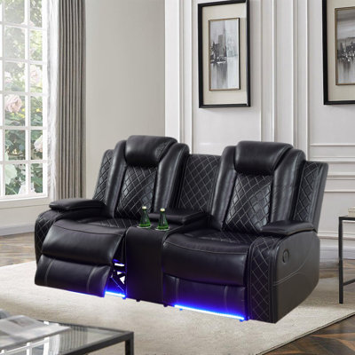 Causeuse inclinable électrique en cuir végétalien avec console de rangement, porte-gobelets et éclairage DEL bleu 73,5 po Monieke