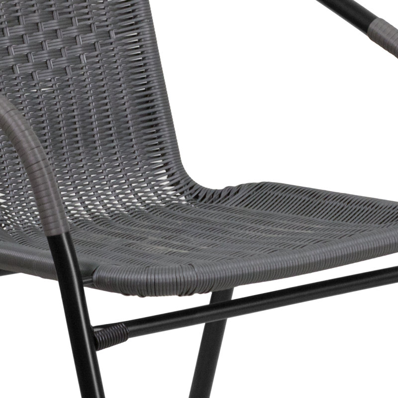 28'' Round Glass Table with Rattan Edging and 4 Rattan Stack Chairs, Grey