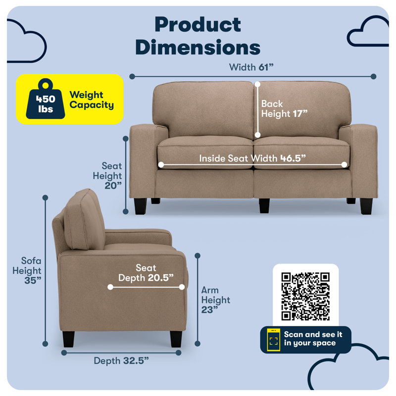 Serta Palisades 61" Straight Arm Sofa with Easy Care Fabric, Plush Pillow Back and Pocket Coil Seat Cushions