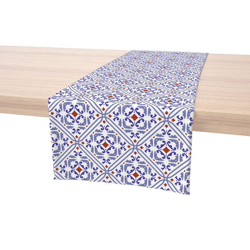 Table Runner, 100% Cotton, 16X108", Ceramic Tile Pattern, 90" L x 16" W