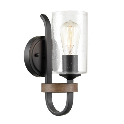 Industrial Wall Sconce Seeded Glass Shade with Wood Grain Finish