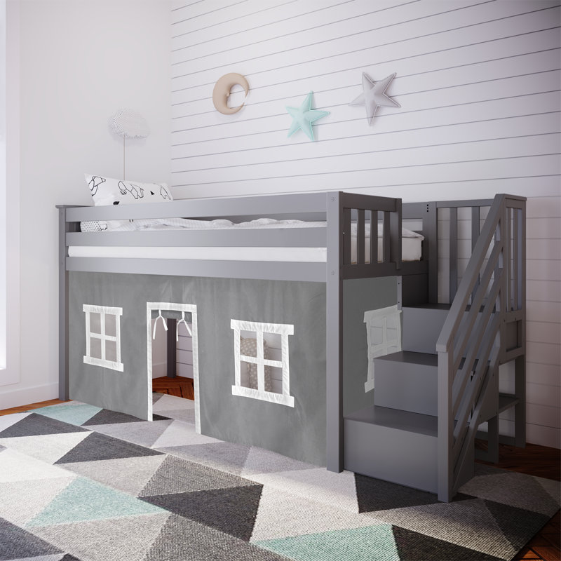 Lit mezzanine simple avec escalier et rideau de jeu Glyndon Kids, Blanc, gris
