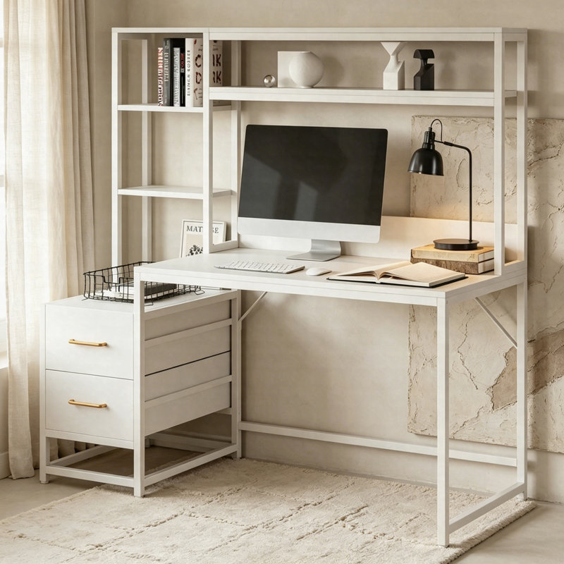 Bureau d'ordinateur de 55 pouces avec tablettes de rangement, bureau rustique avec tiroirs et huche, Blanc