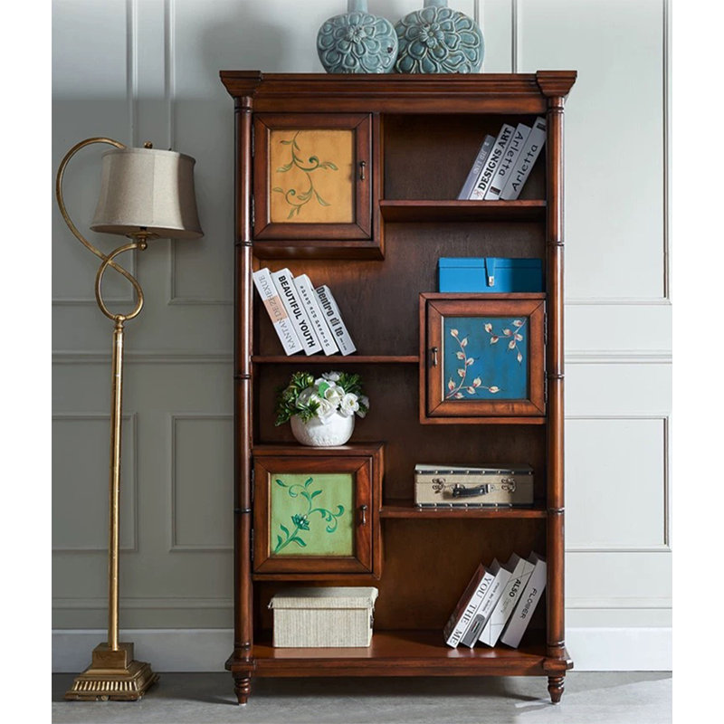 Rustic Solid Wood Display Bookcase with Decorative Painted Cabinets