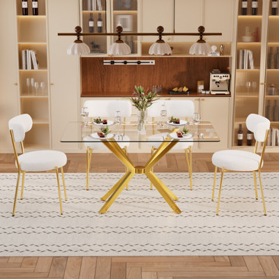 Glass Dining Table Set with Teddy Fabric Chairs, Modern Waterproof & Adjustable for Kitchen Dining Room