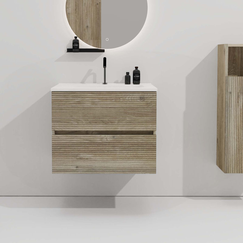 Meuble-lavabo moderne avec lavabo intégré et rangement abondant, Chêne