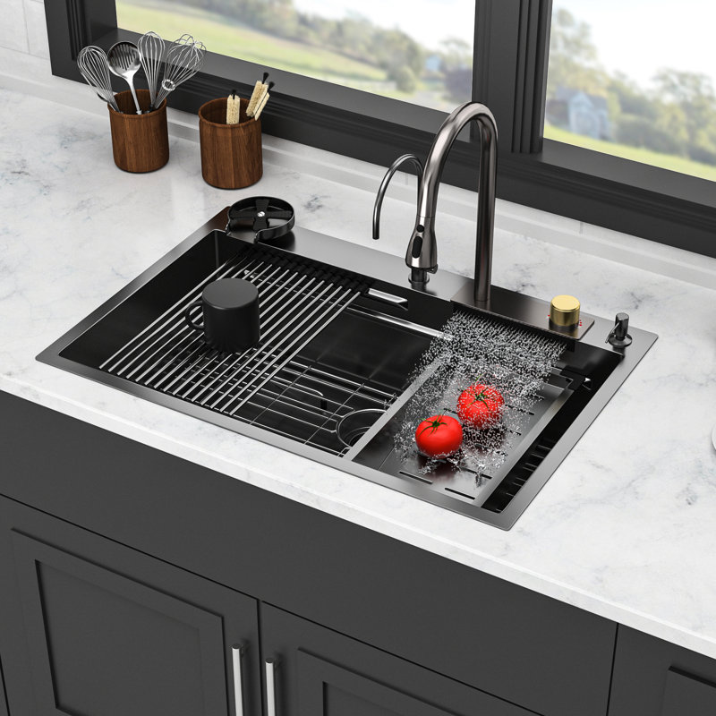 Évier de cuisine en acier inoxydable de calibre 16 de 33 po x 22 po avec robinet coulissant, laveuse de tasses et grille de vaisselle pour planche à découper