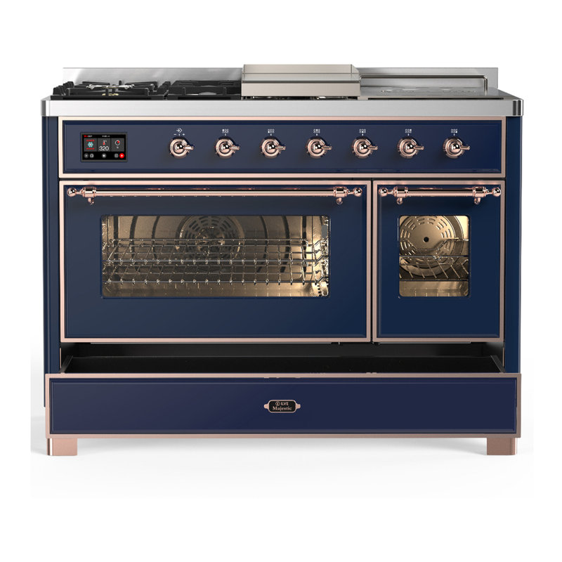 Majestic III Series 48 Inch Dual Fuel Range with 5 Sealed Burners, Griddle, Frenchtop in Glossy Black (Natural Gas, Burnished Trim)