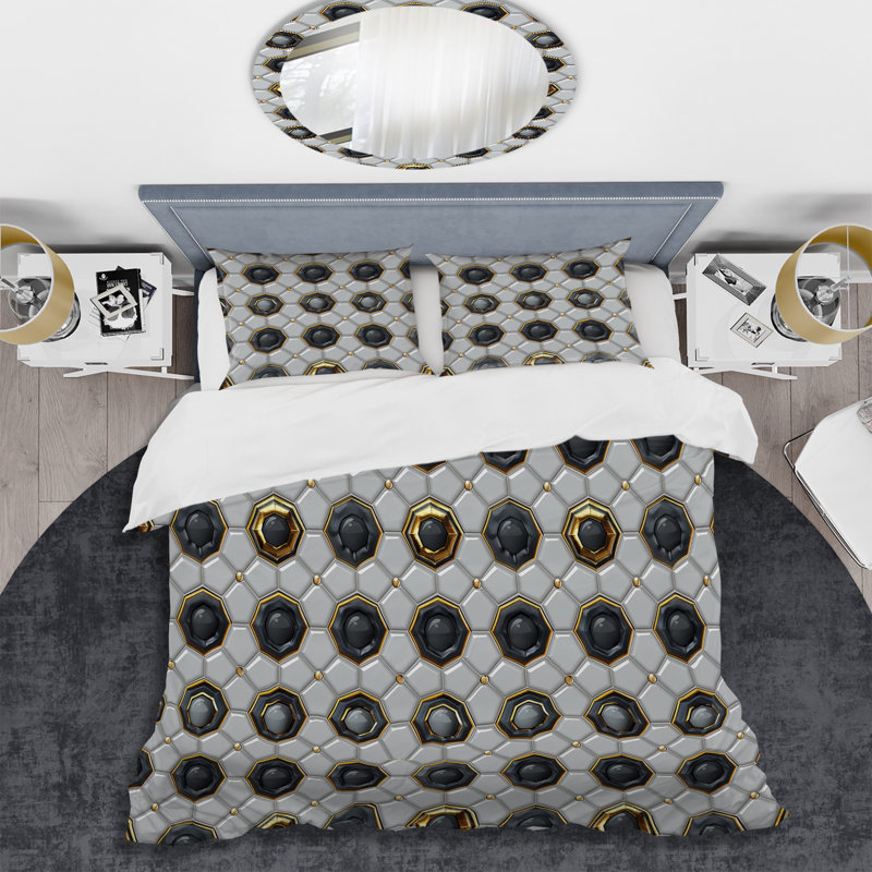 Ensemble de housse de couette moderne à motif octogonal gris et blanc, Housse de couette pour grand lit et 2 taies décor