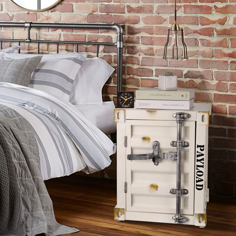 Trenecia Industrial Container Iron Block End Table with Storage Accent Chest, White