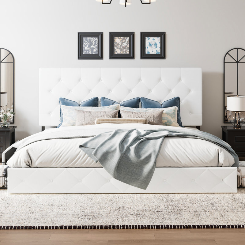 Silvester Modern Upholstered Platform Storage Bed with Wooden Slats, no box spring needed, Full, White Diamond Faux Leather