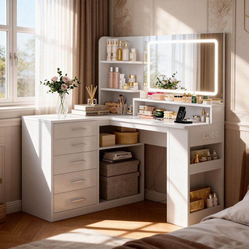 Dressing Table With Led Lighted Mirror, 5 Drawers, 3 Open Shelves, Vanity With 5 Side Storage Spaces, Corner Makeup Vanity With Power Outlets, Bedroom, White 