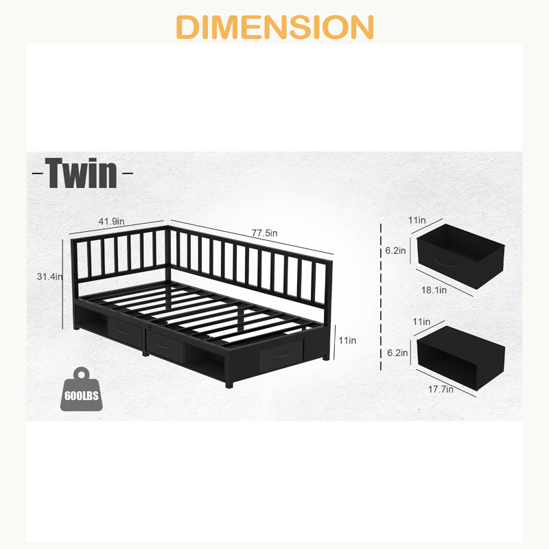 Corner Bed Frame Twin Daybed With Storage Drawers, Metal Platform Bed Frame With LED Light