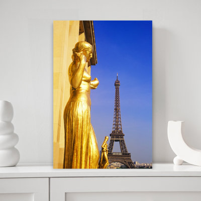 Eiffel Tower And Golden Statues At Quartier Du Trocadero, Paris, France Contemporary Architecture Wall Art