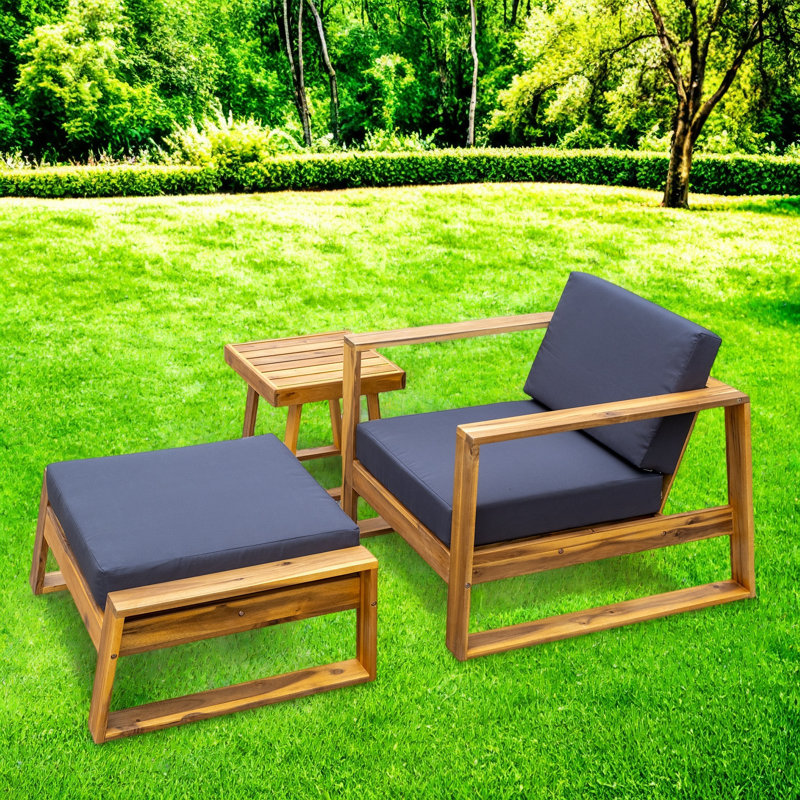 Wood Outdoor Lounge Set Included 1 Chair, 1 Table, 1 Ottoman With Waterproof Cushion, Gray
