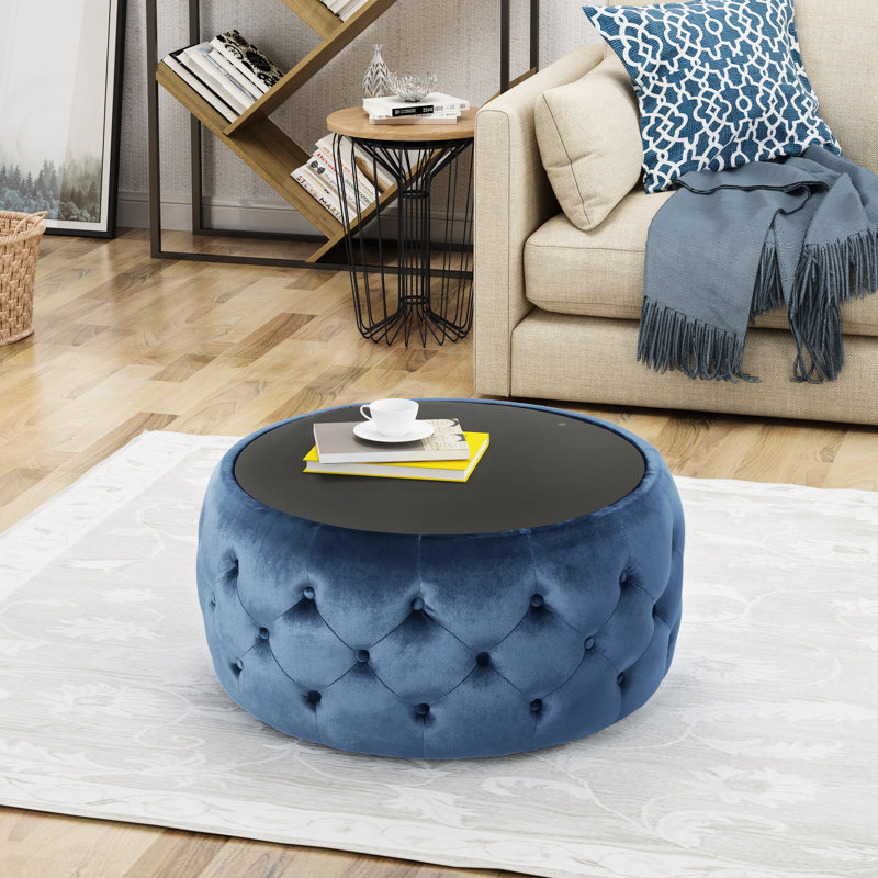 Modern Dark Blue Velvet , Button With Stable Tempered Glass Surface, 29.12" W X D 14.43" H Button- Adornment And Top, , 30" 14.5
