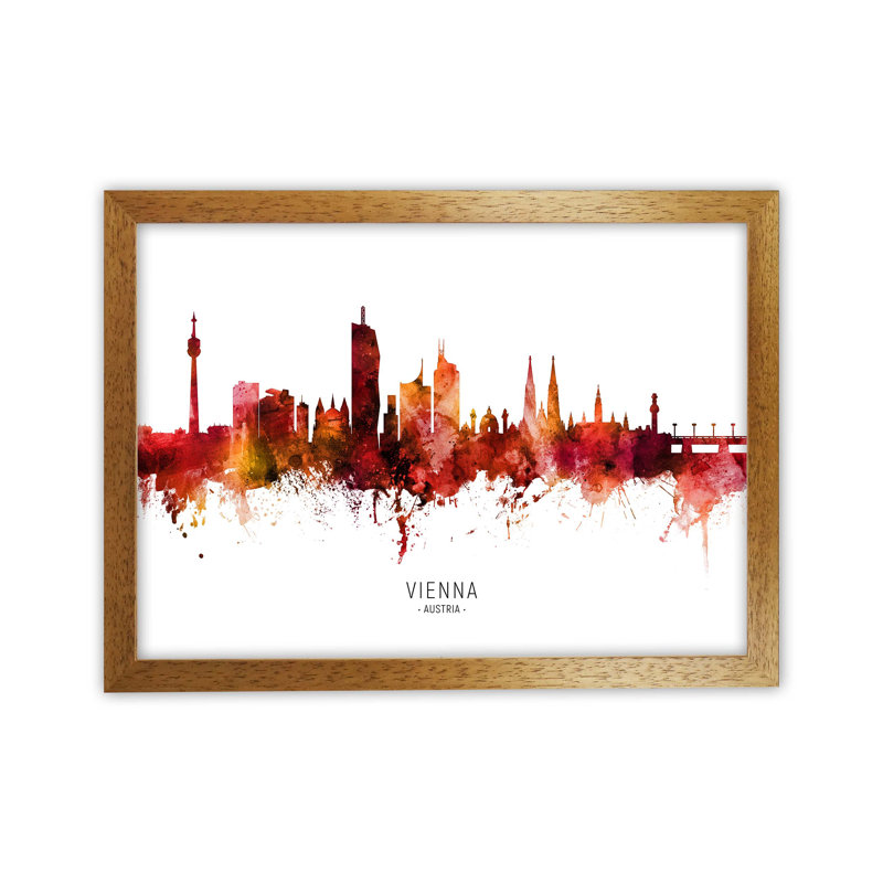 Vienna Austria Skyline Red City Name by Michael Tompsett - Print, Oak Framed, 64cm H x 88cm W x 3cm D