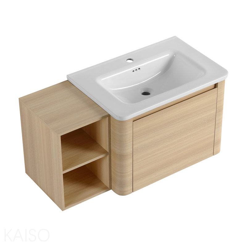 Meuble-lavabo mural de 40 po avec lavabo en céramique blanche et tablettes de rangement et 1 porte à fermeture en douceur, contreplaqué, chêne blanc américain