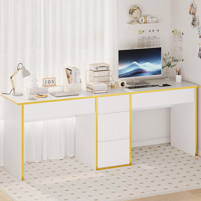Two Person Desk with Drawers, 78.72 Inch Extra Long Computer Desk with 5 Storage Drawers, Study Writing Desk with Storage Shelves for Home Office, Gol by Mercer41