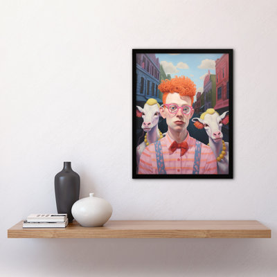 Urban Cowboy Oil Painting Ginger Hipster With Cattle - Single Picture Frame Print