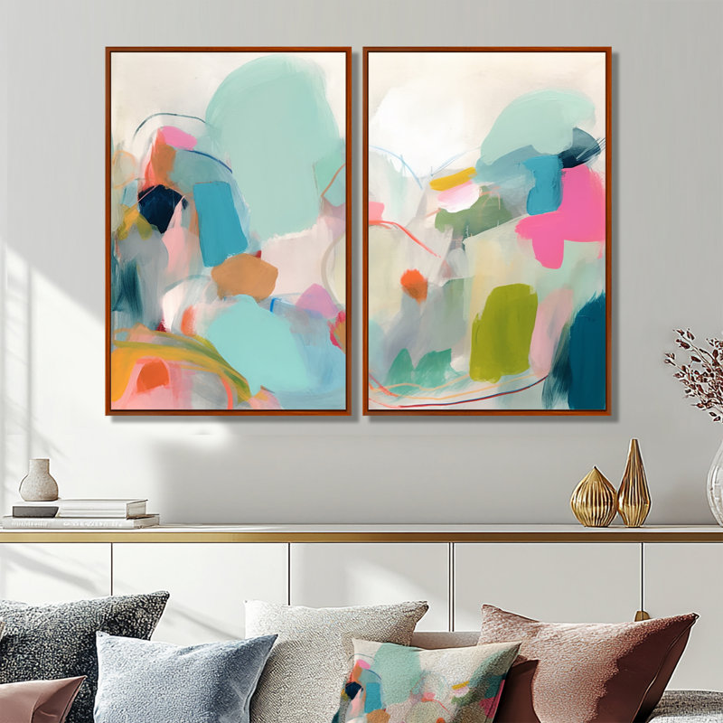 Rose, bleu, Minimalims Fludity III - art mural moderne, Brown, 36" H x 48" W, Impression encadrée flottante