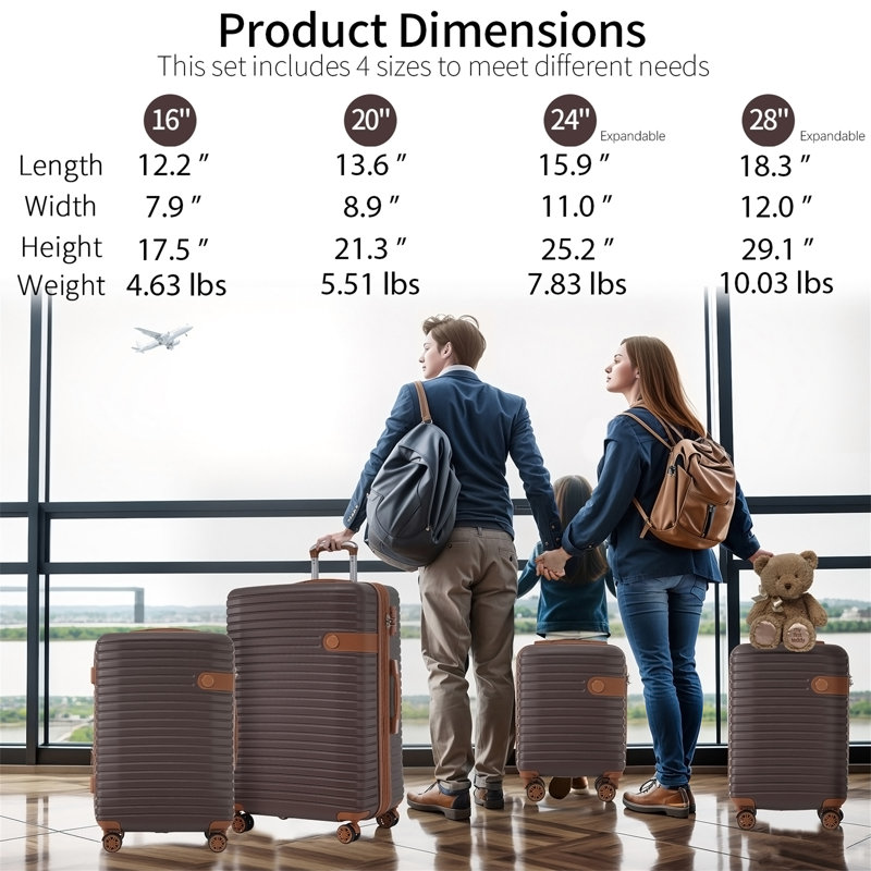 Ensemble de valises 4 pièces, H 29,1 po x l 18,3 po x P 12 po, Brown