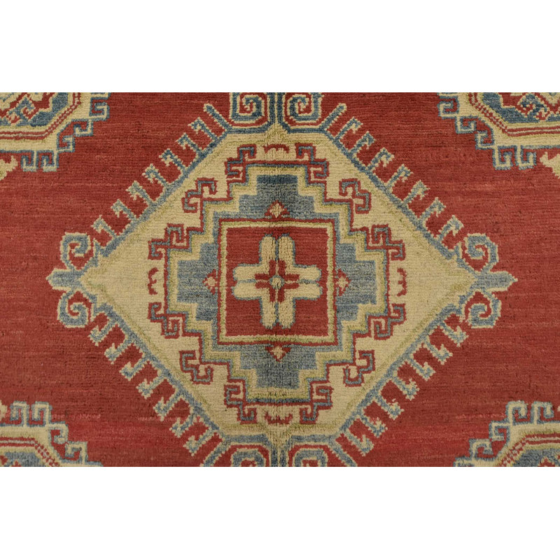 Tapis oriental rouge en laine noué à la main 5 pi 9 po x 7 pi Kazak Kazak