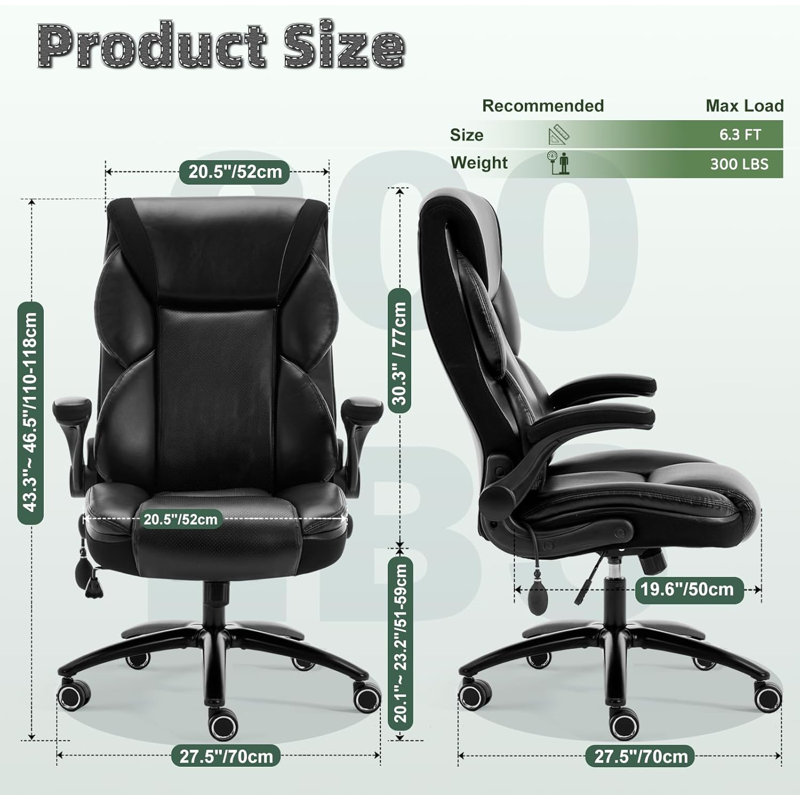 Executive Office Chair - Adjustable Inflatable Lumbar Support, Flip Up Arms, Heavy Duty Metal Base, Breathable PU Leather Ergonomic High Back Computer Chair Desk Chair, Thick Padded | Black