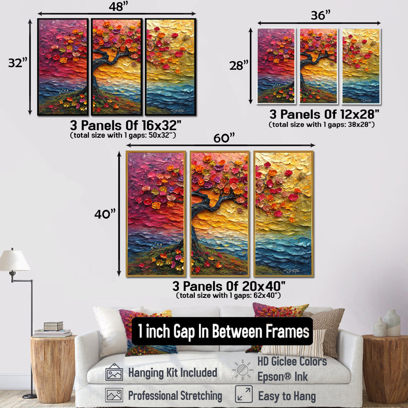 Arbre en fleurs avec fleurs rouges - ensemble d'art mural arbre floral, Cadre flottant doré, H 40 po x l 60 po x P 1 po