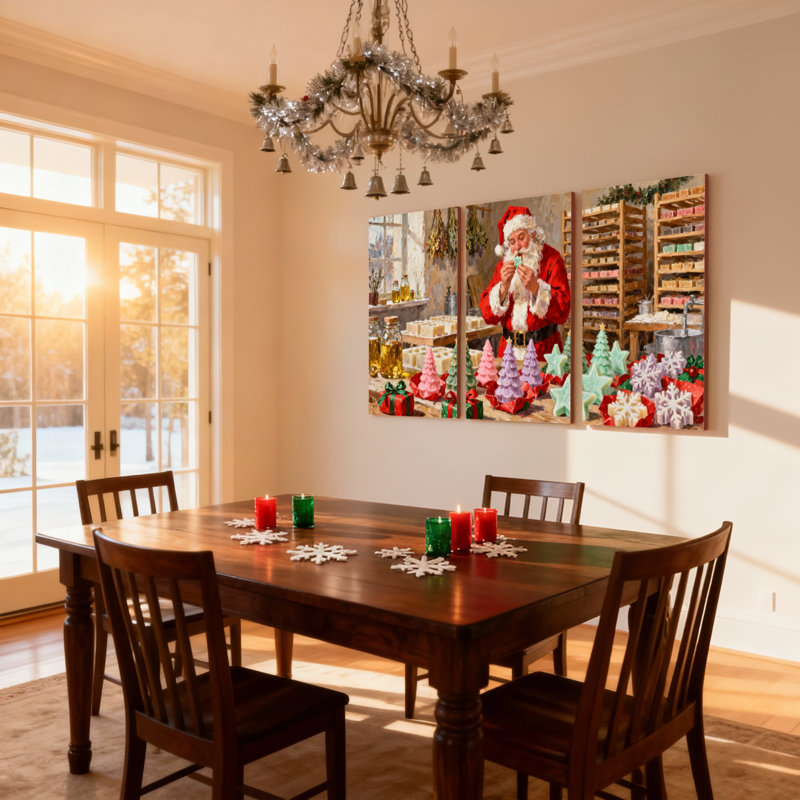 «Christmas Santa Crafting Christmas Soap In Workshop», ensemble de 3 impressions murales sur toile, H 30 po x l 60 po